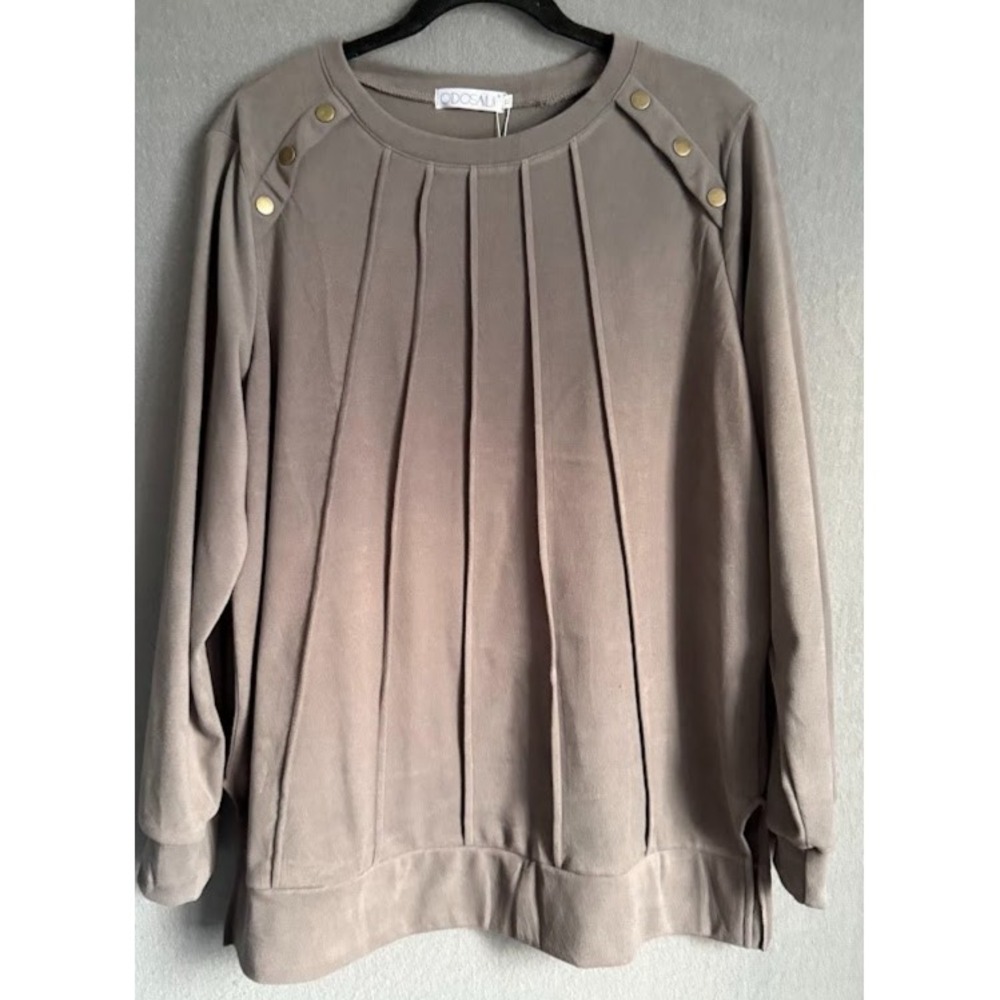 Odosalii Top Women‎  XL Gray Long Sleeve Pleated Blouse Button Shoulder Stretch